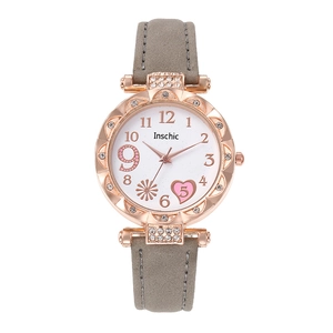 Women's quartz watch with rose gold rhinestone case and grey leather strap on white background