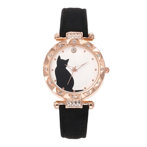Elegant cat silhouette watch with rose gold rhinestone bezel and black leather strap