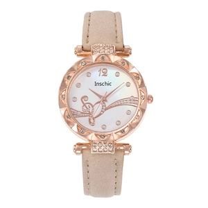 Women's quartz watch with heart musical dial, rose gold case and beige leather strap