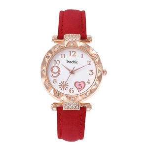 Women's rose gold quartz watch with a red leather strap and heart-themed white dial