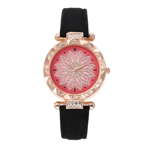 Elegante Damenarmbanduhr in Roségold mit rotem Strass-Zifferblatt und schwarzem Lederband