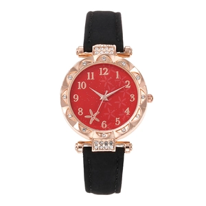 Elegant ladies quartz watch with red floral dial, rhinestone bezel, and black leather strap