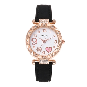 Women's rose gold watch with heart-detailed dial and black leather strap in white background