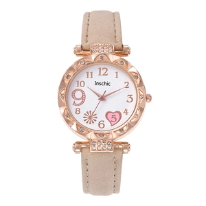 Women's quartz watch with rose gold diamond case and heart pattern on beige leather strap