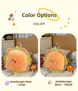 Detail view of large and small plush burger backpacks with cute bear embroidery and charms