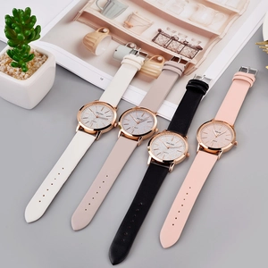 Minimalist quartz women watches with glitter dials and leather straps in four colors