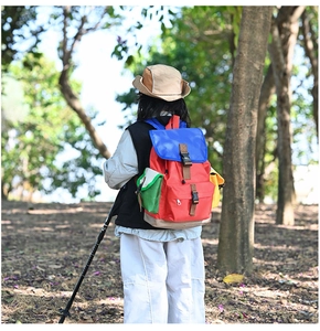 Rear view of colorful kids outdoor hiking backpack with buckle straps in forest setting