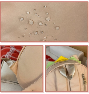 Detail view of waterproof nylon fabric and cute cartoon ear decor on burger backpack