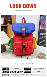 Detailed view of colorful nylon hiking backpack showing dimensions 36x22x13cm and 0.39kg weight