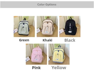 Collection of children's backpacks in green, khaki, black, pink, and yellow colors