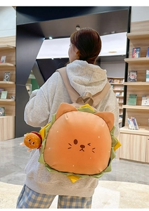 Creative burger cat backpack with side ruffles and mini hamburger plush keychain detail