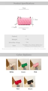 Quilted cylinder bag detail with size chart, metal chain strap and color options
