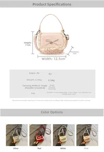Detailed size chart and specifications of PU leather kids bow handbag with lace trim