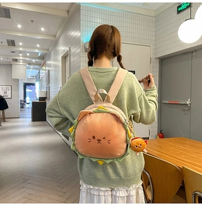 Cute cartoon hamburger plush backpack with cat embroidery and matching mini charm detail