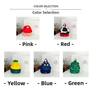 Detail view of five fruit-themed children backpacks in various colors and patterns
