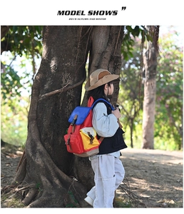 Detailed outdoor view of children's colorful patchwork hiking backpack on model
