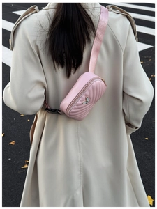 Pink quilted leather waist bag with butterfly metal buckle and nylon strap for kids