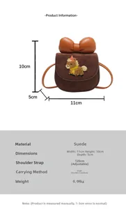 Size chart for mini suede crossbody bag with cartoon pony embroidery and large bow