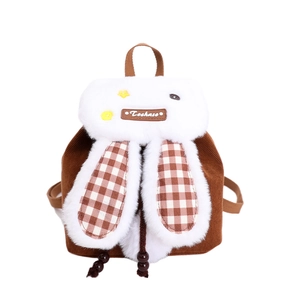 Cute kids backpack with corduroy bunny ears and plush checkerboard details for school