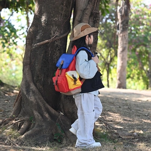 Outdoor kids hiking backpack in colorful contrast patchwork design for sports and travel