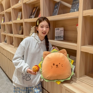 Cute cat burger plush backpack and matching keychain set for women and students