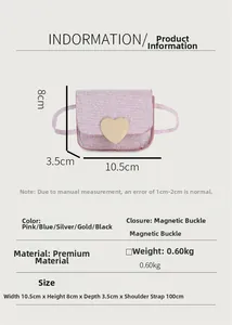 Spécifications détaillées du mini sac à bandoulière rose pailleté avec boucle magnétique cœur