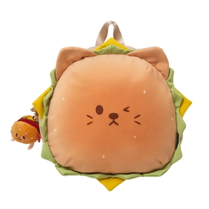 Cute cat burger shaped plush backpack with large capacity and cartoon burger charm detail