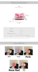 Detailed size and color specs for mini holographic crossbody bag with bow decoration