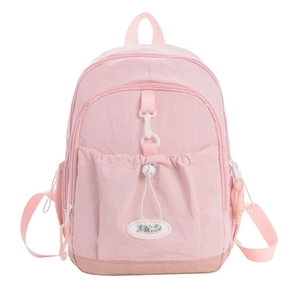 Pink minimalist multi-pocket student backpack with drawstring and large capacity design