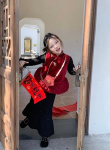 Close-up of red velvet vest and star-shaped pearl bag for girls in Chinese New Year style