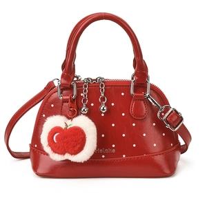 Sac à main rouge en forme de coquille pour enfants avec pois blancs et breloque pomme