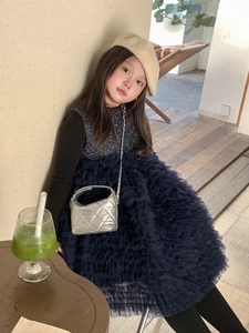Gros plan d'un sac argenté matelassé avec une jupe en tulle bleu marine à volants