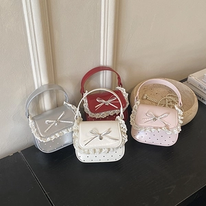 Mini Handbag For Kids Girls Sweet Lolita Lace Bowknot Heart Print PU Leather Crossbody Shoulder Bag Fashion