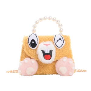 Cute yellow plush cat bag for girls with pearl handle and cartoon embroidery