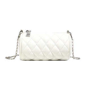 Classic white quilted cylinder crossbody bag for kids with silver chain strap and zipper