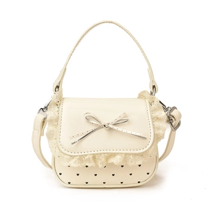 Cream mini girl's handbag with lace trim, ribbon bow and heart patterns with strap