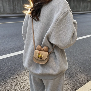Cute mini brown crossbody bag for girls with 3D bow and bear embroidery on the front