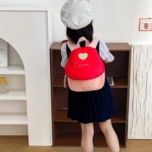 Cute fruit-shaped kids backpack with red and pink color-block and lucky heart print