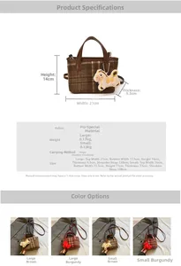 Detailed size chart for kids plaid bucket bag showing dimensions and PU fabric specs