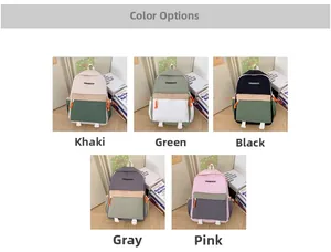 Collection of color-blocked school backpacks in khaki, green, black, grey, and pink tones