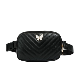 Kids black quilted fanny pack with white butterfly decoration and adjustable strap