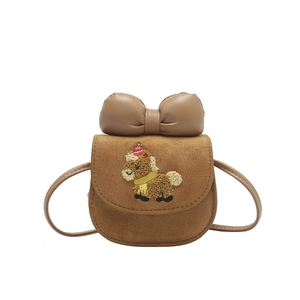 Cute brown cartoon pony crossbody bag for girls with large bow and embroidery detail