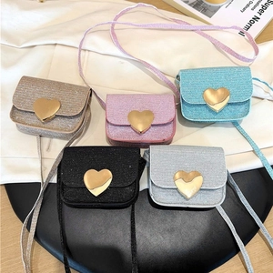 Mini Sac À Bandoulière Filles Boucle Coeur Doux Paillettes Cuir PU Petit Sac À Épaule Accessoire Mode Étincelant Enfants