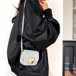 Mini sac à bandoulière argenté pailleté pour filles avec grand fermoir cœur doré chic