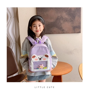 Detail of purple toddler backpack with a transparent window and cute white bear motif