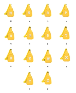 Vue en grille de sacs de poitrine jaunes pour enfants avec broderies de lettres blanches