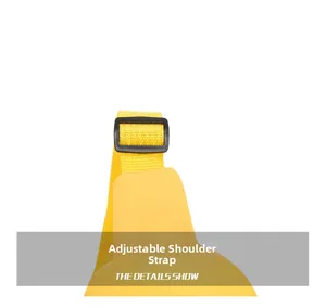 Détail de la bandoulière réglable jaune tissée avec boucle robuste en plastique noir