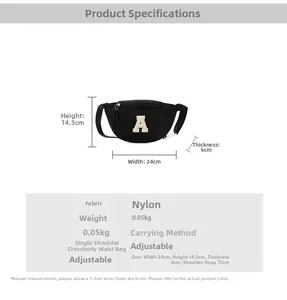 Kids black nylon chest bag with letter A patch and detailed size specifications