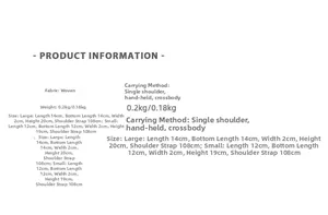 Detailed size chart and specifications for woven beaded mini crossbody shoulder bags