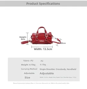 Detailed size chart of red PU leather barrel bag with strap measurements and dimensions